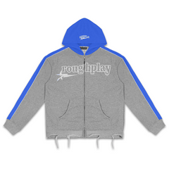 Rough Play Letter Printed Hoodie Blue Grey Product Description