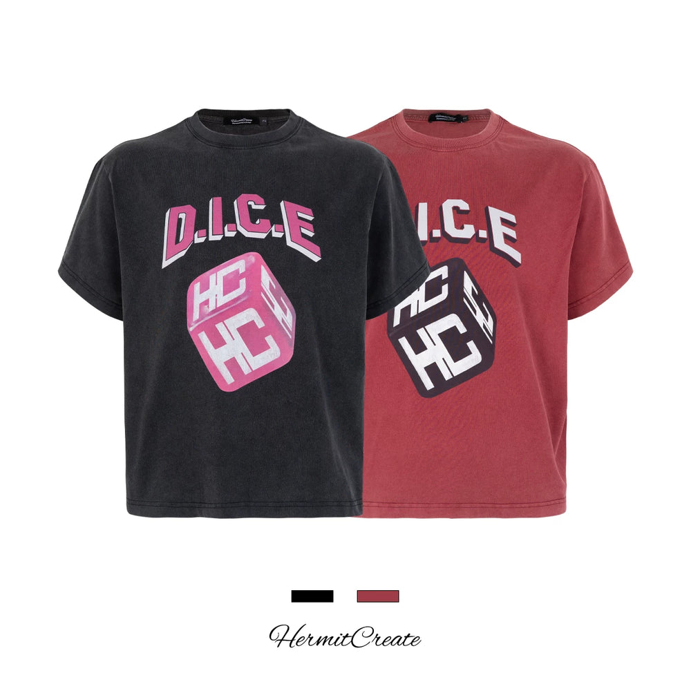 HC/HermitCreate Dice Double Color LOGO Washed Street Boxy Version Vintage Short Sleeve T