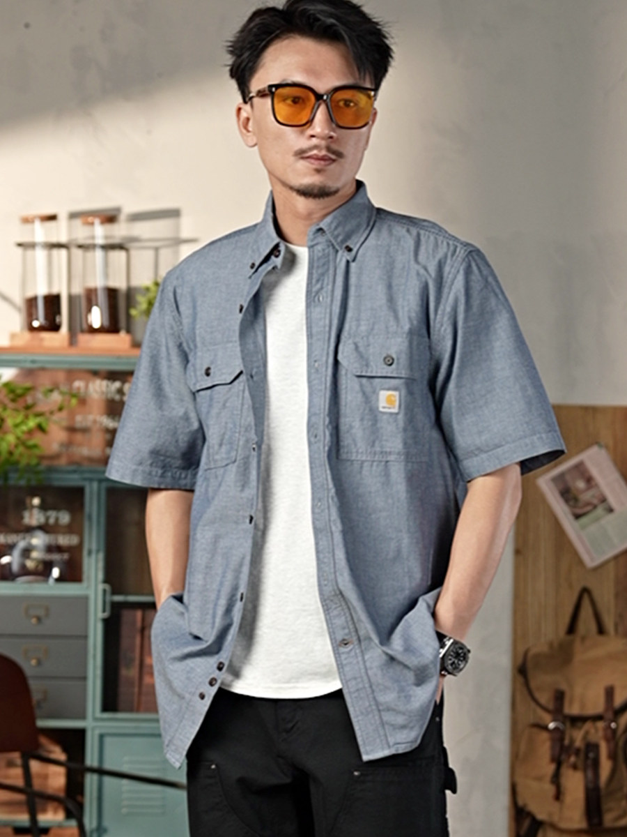 Carhartt 104369 Pure Cotton Loose-Peaked Button-Down Work Shirt with Multiple Pockets