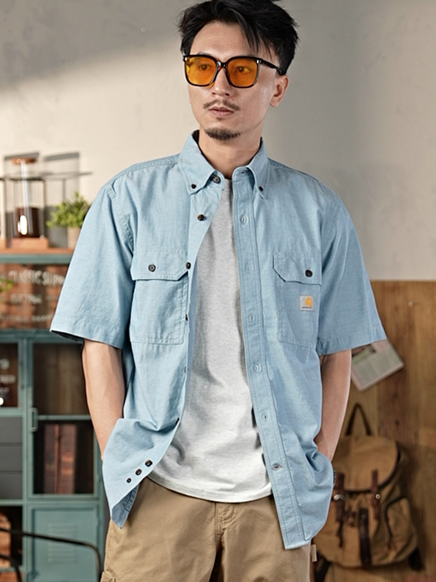 Carhartt 104369 Pure Cotton Loose-Peaked Button-Down Work Shirt with Multiple Pockets