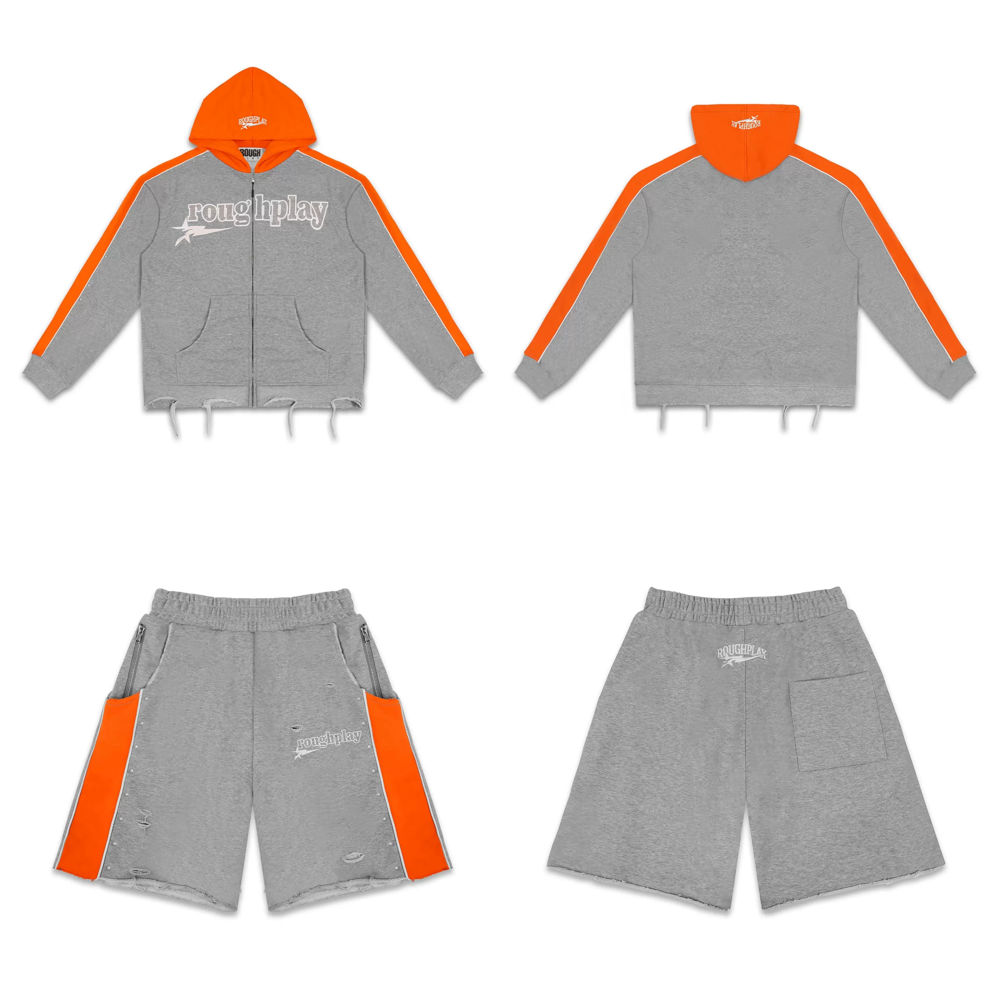 Rough Play Graphic Hoodie & Shorts Set Orange Grey