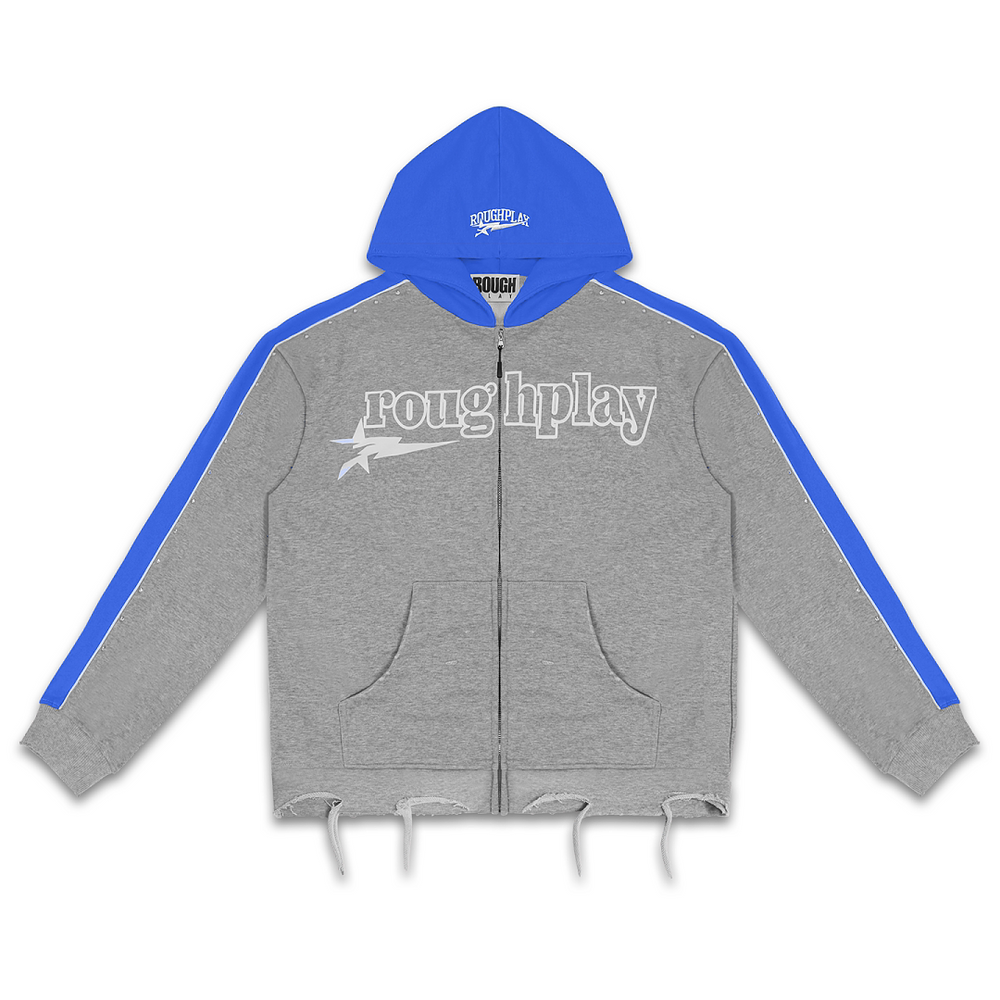 Rough Play Letter Printed Hoodie Blue Grey  Product Description