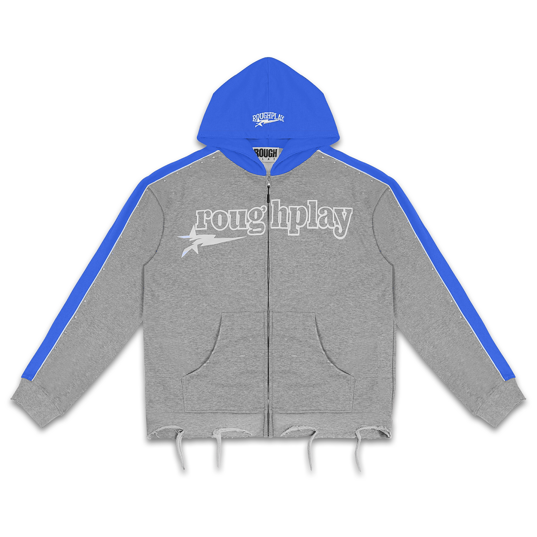 Rough Play Letter Printed Hoodie Blue Grey  Product Description