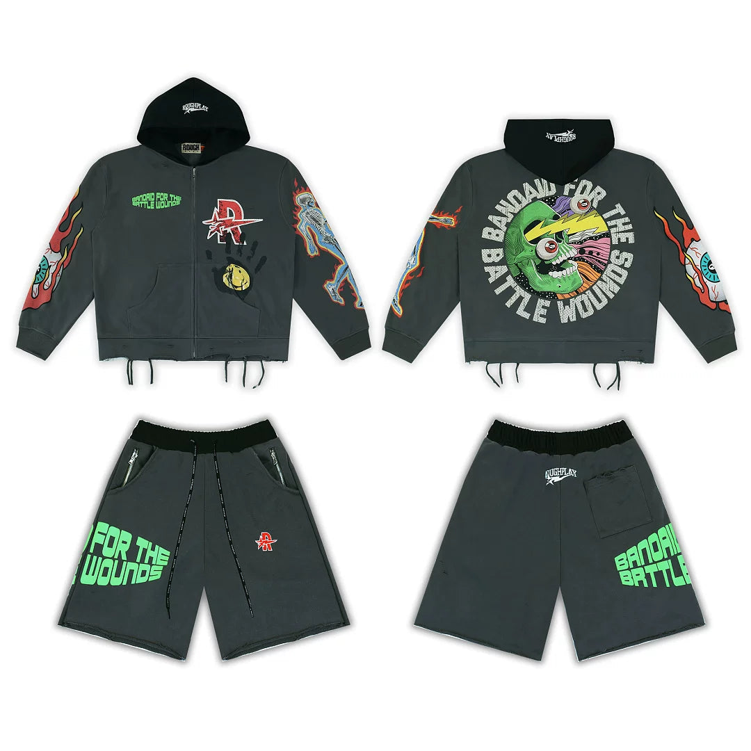 Rough Play Graphic Hoodie & Shorts Set Black