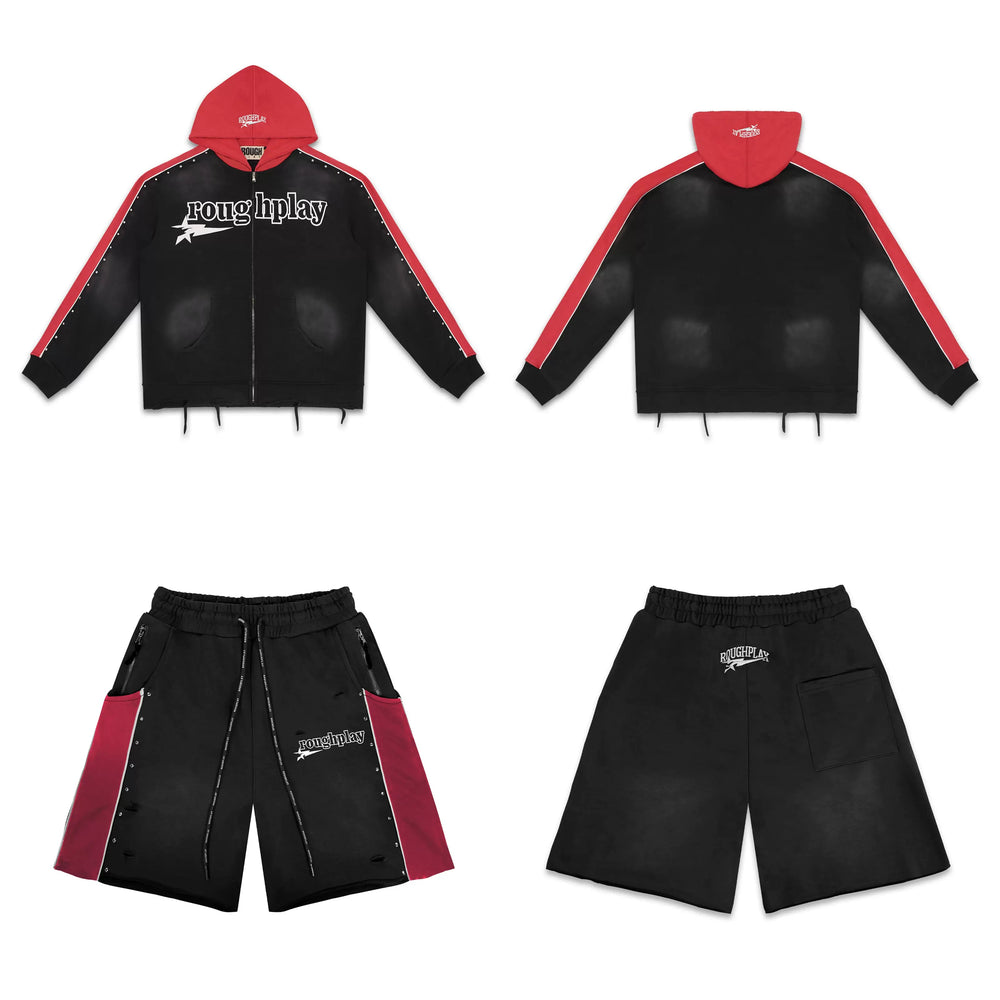 Rough Play Graphic Hoodie & Shorts Set Red Black