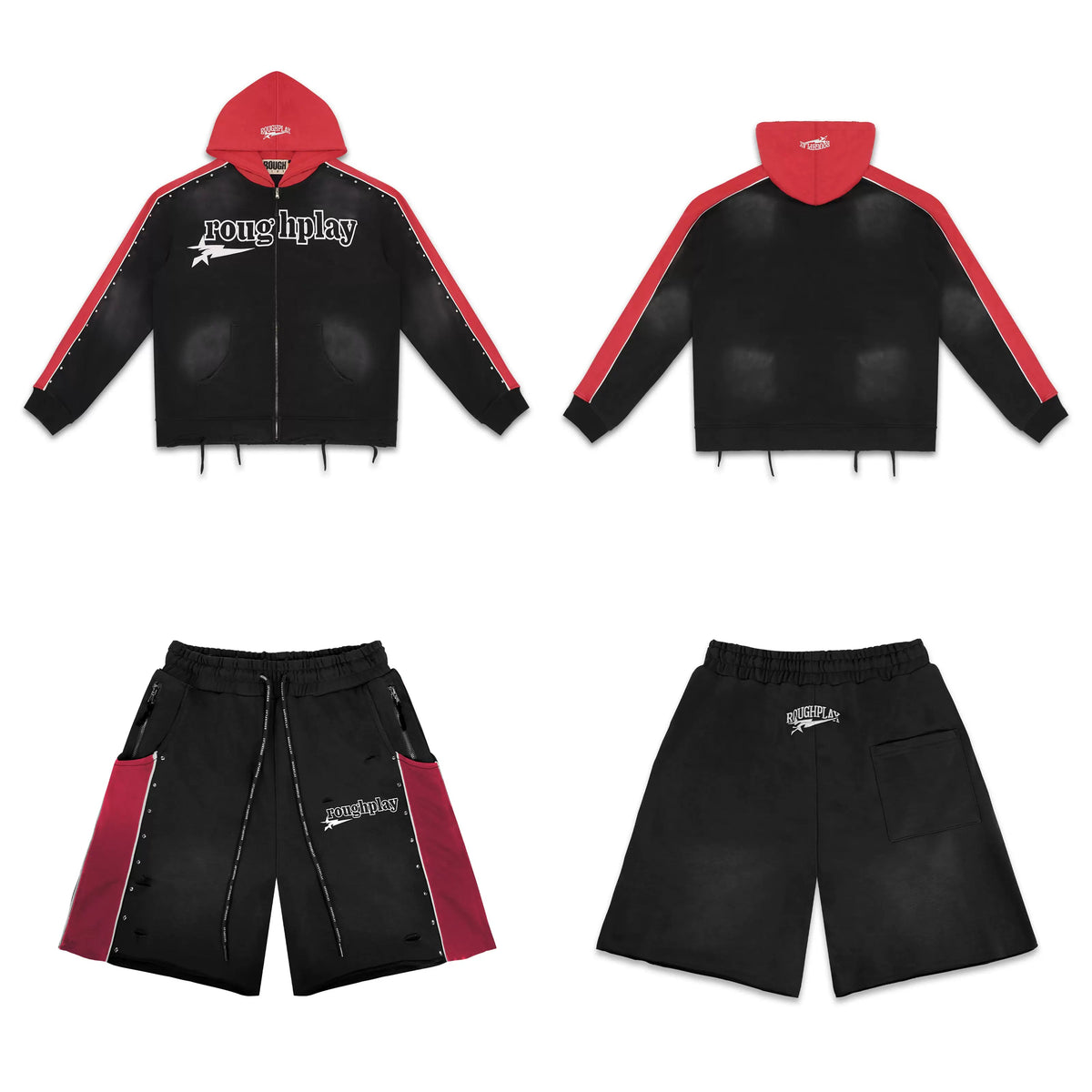 Rough Play Graphic Hoodie & Shorts Set Red Black