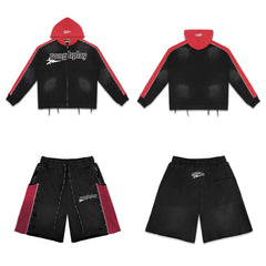 Rough Play Graphic Hoodie & Shorts Set Red Black