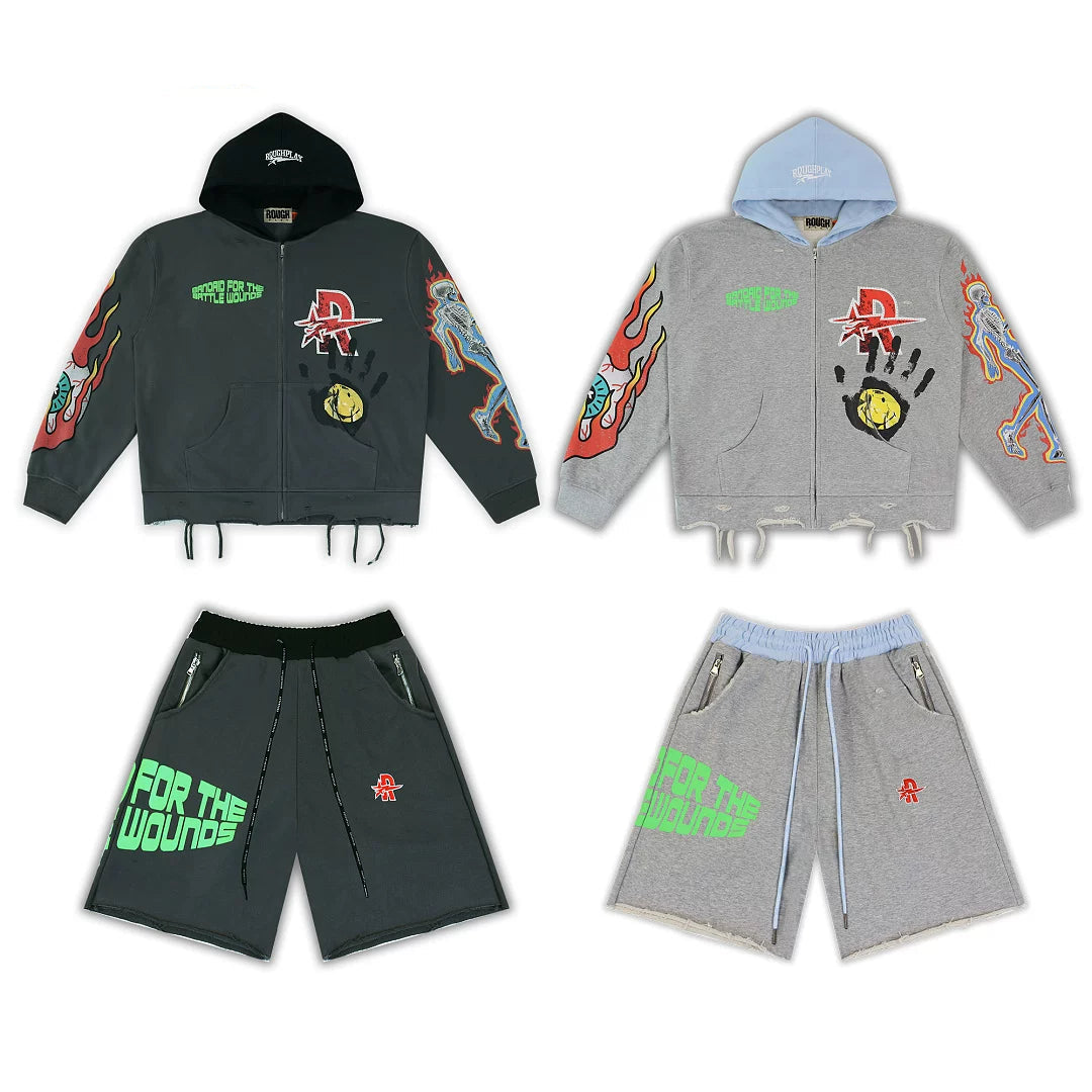Rough Play Graphic Hoodie & Shorts Set Grey