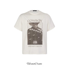 HC/HermitCreate Western denim printed short sleeved beige printed short sleeved boxy style street style