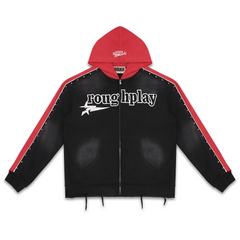 Rough Play Letter Printed Hoodie Red Black