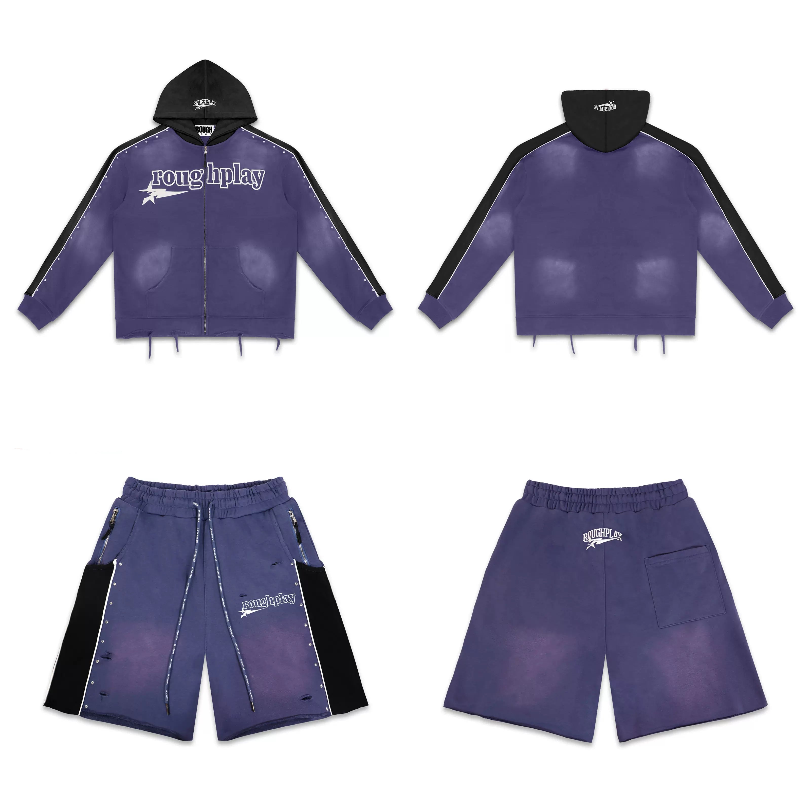 Rough Play Graphic Hoodie & Shorts Set Purple Black